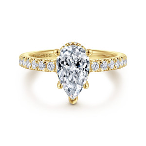 Gabriel & Co. ER14649P6Y44JJ 14 karat yellow gold Classic engagement ring, front view of a pear shaped center with small diamonds stepping along both shoulders