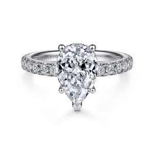 Gabriel & Co. ER14649P8W44JJ 14 karat white gold Classic engagement ring, front view of a pear shaped center with small diamonds set along the band