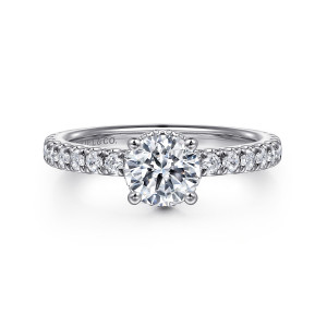 Gabriel & Co. ER14649R3W44JJ 14 karat white gold Classic engagement ring, front view of a round center in a four prong head with small stones running down both shoulders