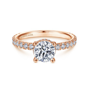 Gabriel & Co. ER14649R4K44JJ 14 karat rose gold Classic engagement ring, front view of a round center on rounded prong tips with diamonds along both shoulders
