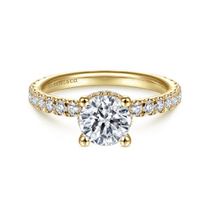 Gabriel & Co. ER14649R4Y44JJ 14 karat yellow gold Classic engagement ring, front view of a round center on ball tipped prongs with diamonds along both shoulders
