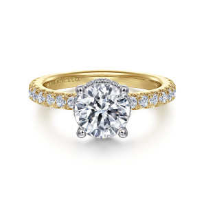 Gabriel & Co. ER14649R6M44JJ 14 karat white and yellow gold Classic engagement ring, front view of a round center on four ball tipped prongs with small stones along the shoulders