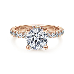 Gabriel & Co. ER14649R8K44JJ 14 karat rose gold Classic engagement ring, front view of a round center held by four ball tipped prongs above diamond set shoulders