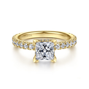 Gabriel & Co. ER14649S4Y44JJ 14 karat yellow gold Classic engagement ring, front view of a princess cut center with flat corner prongs and round diamonds along the band