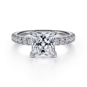 Gabriel & Co. ER14649S8W44JJ 14 karat white gold Classic engagement ring, front view of the square princess center held at its corners with stones along the band