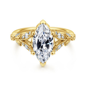 Gabriel & Co. ER14662M8Y44JJ 14 karat yellow gold Victorian engagement ring, front view of a marquise center with ball tipped prongs between beaded leaf shoulders