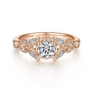 Gabriel & Co. ER14662R2K44JJ 14 karat rose gold Victorian engagement ring, front view of a round center flanked by milgrain edged leaf clusters and four ball tipped prongs