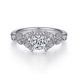 Gabriel & Co. ER14662R2W44JJ 14 karat white gold Victorian engagement ring, front view of four ball tipped prongs and leaf shaped shoulders edged in milgrain