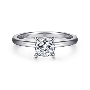 Gabriel & Co. ER14684C4W4JJJ 14 karat white gold Classic engagement ring, front view of a cushion center held by four claw prongs on a smooth slim band