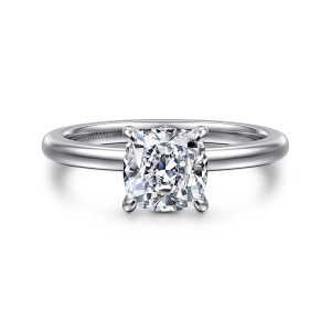 Gabriel & Co. ER14684C6W4JJJ 14 karat white gold Classic engagement ring, front view of a cushion center in four pointed claws on a smooth rounded band
