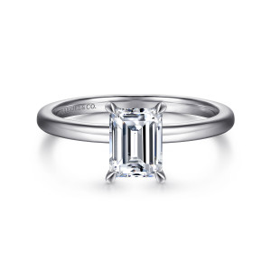 Gabriel & Co. ER14684E4W4JJJ 14 karat white gold Classic engagement ring, front view of an emerald cut center in four pointed claws on a smooth band