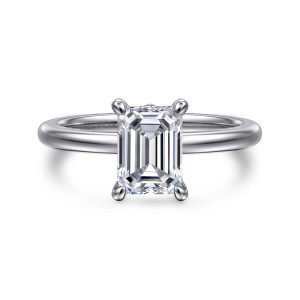 Gabriel & Co. ER14684E6W4JJJ 14 karat white gold Classic engagement ring, front view of an emerald cut center with four rounded claw tips on a smooth band