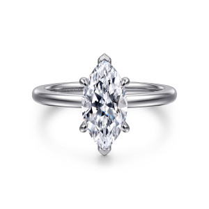 Gabriel & Co. ER14684M6W4JJJ 14 karat white gold Classic engagement ring, front view of a long marquise center with pointed prongs at both ends above a smooth band
