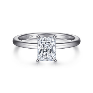 Gabriel & Co. ER14684N4W4JJJ 14 karat white gold Classic engagement ring, front view of a radiant cut center held by slender corner claws above a smooth rounded band