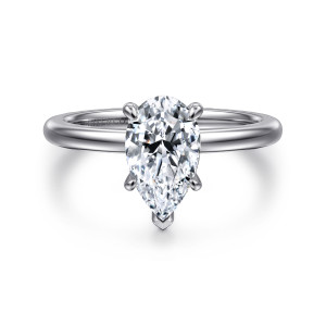 Gabriel & Co. ER14684P6W4JJJ 14 karat white gold Classic engagement ring, front view of a V shaped tip prong at the point of the pear shaped center