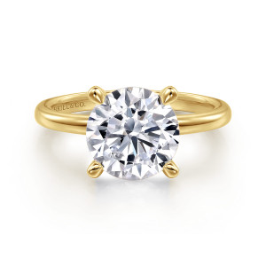 Gabriel & Co. ER14684R12Y4JJJ 14 karat yellow gold Classic engagement ring, front view of a round center between four rounded pointed prongs over a polished band
