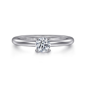 Gabriel & Co. ER14684R2W4JJJ 14 karat white gold Classic engagement ring, front view of a round center in four rounded claw prongs on a smooth narrow band