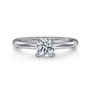 Gabriel & Co. ER14684R3W4JJJ 14 karat white gold Classic engagement ring, front view of a round center between slim claws on a smooth half round band