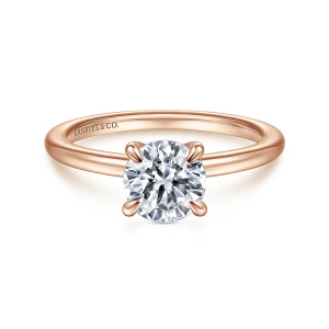 Gabriel & Co. ER14684R4K4JJJ 14 karat rose gold Classic engagement ring, front view of a round seat held by four slim claws on a thin polished band