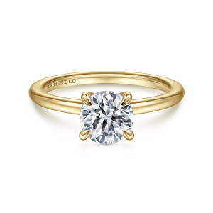 Gabriel & Co. ER14684R4Y4JJJ 14 karat yellow gold Classic engagement ring, front view of a round center in rounded claws above a thin smooth band