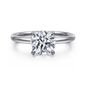 Gabriel & Co. ER14684R6W4JJJ 14 karat white gold Classic engagement ring, front view of a round center held by four rounded prongs on a smooth plain band