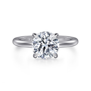 Gabriel & Co. ER14684R8W4JJJ 14 karat white gold Classic engagement ring, front view of a round center with four prong tips curled over its edge on a smooth band