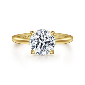 Gabriel & Co. ER14684R8Y4JJJ 14 karat yellow gold Classic engagement ring, front view of a round center held by rounded teardrop tipped prongs on a smooth plain band
