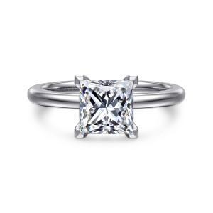 Gabriel & Co. ER14684S6W4JJJ 14 karat white gold Classic engagement ring, front view of a princess cut center with square corner prongs on a smooth, rounded band