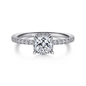 Gabriel & Co. ER14719C4PT4JJ platinum Classic engagement ring, front view of a cushion cut center in a compact four claw head on a slim band