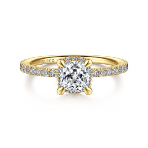 Gabriel & Co. ER14719C4Y44JJ 14 karat yellow gold Classic engagement ring, front view of a cushion cut center with a rounded claw at each corner above a slim band