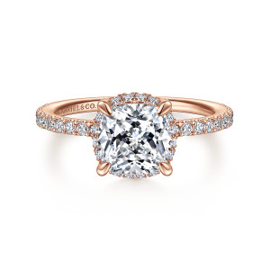 Gabriel & Co. ER14719C8K44JJ 14 karat rose gold Classic engagement ring, front view of a cushion center in four corner claws with small stones peeking at its edges