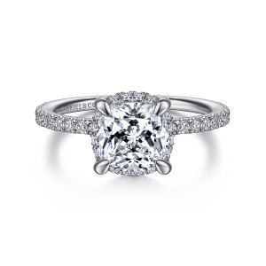 Gabriel & Co. ER14719C8W44JJ 14 karat white gold Classic engagement ring, front view of a cushion cut center in four teardrop tipped prongs with a thin halo edge showing