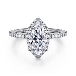 Gabriel & Co. ER14719M6W44JJ 14 karat white gold Classic engagement ring, front view of a marquise center inside a close frame with a pointed cap at each tip