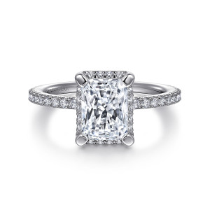 Gabriel & Co. ER14719N6W44JJ 14 karat white gold Classic engagement ring, front view of a rectangular center with clipped corners, four corner prongs and a close halo