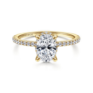 Gabriel & Co. ER14719O4Y44JJ 14 karat yellow gold Classic engagement ring, front view of an oval center held by four slender corner prongs