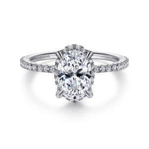 Gabriel & Co. ER14719O6PT4JJ platinum Classic engagement ring, front view of an oval center with four prongs and small stones showing around its edge