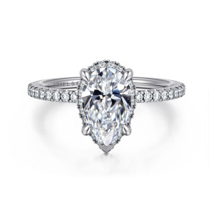 Gabriel & Co. ER14719P6W44JJ 14 karat white gold Classic engagement ring, front view of a pear shaped center with a V shaped tip guard and diamonds along the shoulders