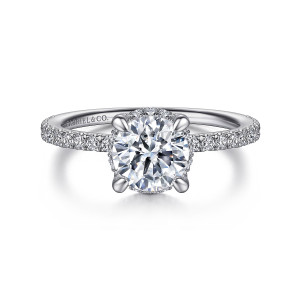 Gabriel & Co. ER14719R4PT4JJ platinum Classic engagement ring, front view of a round center on four rounded prongs above a fine band of small diamonds