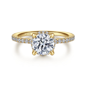 Gabriel & Co. ER14719R4Y44JJ 14 karat yellow gold Classic engagement ring, front view of a round center on rounded claws with tiny halo stones peeking out at its edges