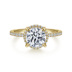 Gabriel & Co. ER14719R8Y44JJ 14 karat yellow gold Classic engagement ring, front view of a round center between smooth prongs with fine diamonds along the slim band