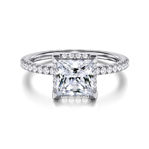 Gabriel & Co. ER14719S6W44JJ 14 karat white gold Classic engagement ring, front view of angular corner prongs around a princess cut center with small diamonds along the shoulders