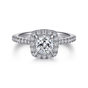 Gabriel & Co. ER14725C4W44JJ 14 karat white gold Classic engagement ring, front view of a cushion center in four prongs inside a halo of round diamonds