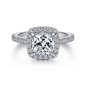Gabriel & Co. ER14725C8W44JJ 14 karat white gold Classic engagement ring, front view of a cushion center with four pointed prongs rising through a cushion shaped halo