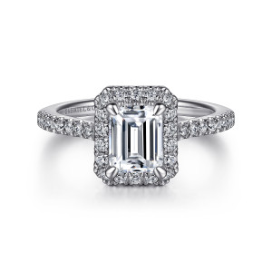 Gabriel & Co. ER14725E4W44JJ 14 karat white gold Classic engagement ring, front view of the rectangular halo with corner claws around the emerald cut center