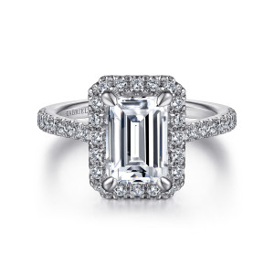 Gabriel & Co. ER14725E8W44JJ 14 karat white gold Classic engagement ring, front view of an emerald cut center framed by a halo of small round diamonds