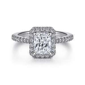 Gabriel & Co. ER14725N4W44JJ 14 karat white gold Classic engagement ring, front view of a rectangular halo with clipped corners around the center and prongs at each end