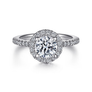 Gabriel & Co. ER14725Q4W44JJ 14 karat white gold Classic engagement ring, front view of a round center in four claw prongs inside a halo of small diamonds