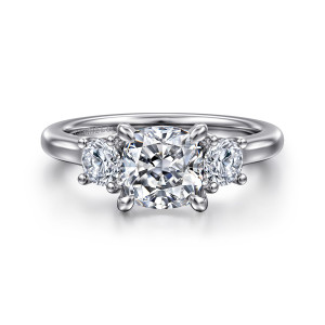 Gabriel & Co. ER14745C6W44JJ 14 karat white gold Classic engagement ring, front view of a cushion center between two round side stones in small prong settings