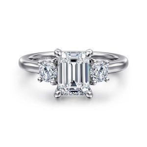 Gabriel & Co. ER14745E6W44JJ 14 karat white gold Classic engagement ring, front view of a rectangular emerald cut center with a round diamond set close on each side