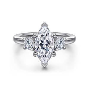 Gabriel & Co. ER14745M6W44JJ 14 karat white gold Classic engagement ring, front view of a marquise center with pointed end tips and a round diamond on each side
